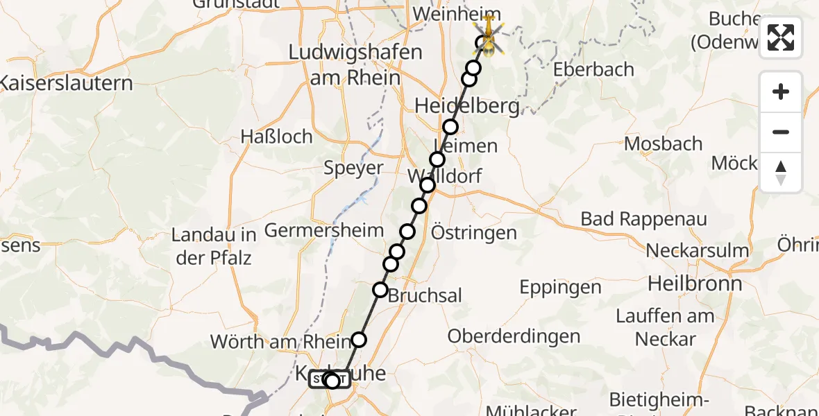 Flugroute Ambulanzhubschrauber Sankt Vincentius Hospital - Weinheim, 10 Oktober 2026, 15:12