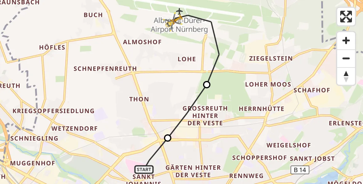 Flugroute Ambulanzhubschrauber Nürnberg North Hospital - Flughafen Nuremberg, 10 Oktober 2026, 15:13