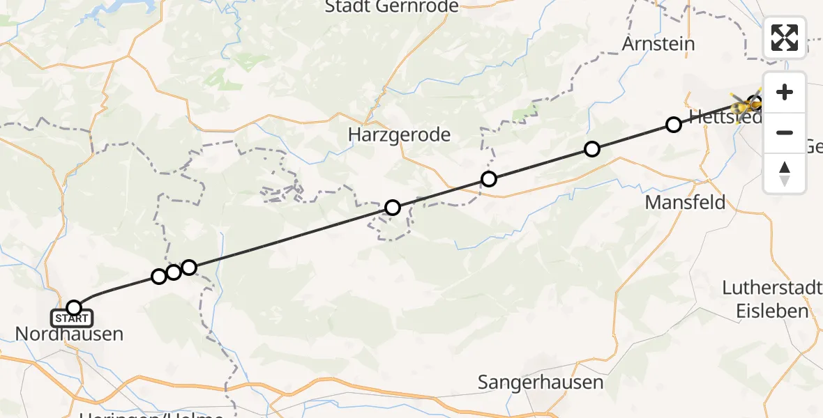 Flugroute Rettungshubschrauber Südharz Hospital Nordhausen - Hettstedt, 10 Oktober 2026, 15:14