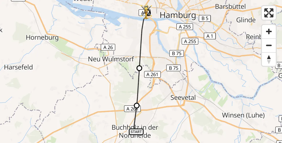Flugroute Rettungshubschrauber Buchholz in der Nordheide - Asklepios Hospital Altona, 10 Oktober 2026, 15:31