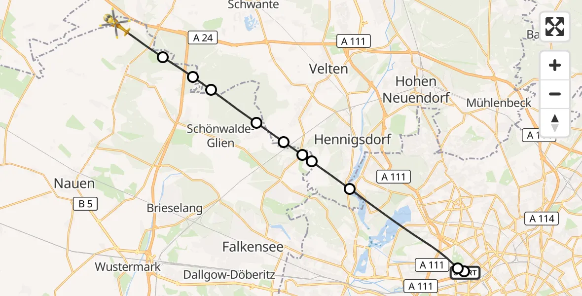 Flugroute Rettungshubschrauber Charité Clinic Virchow Campus - Nauen, 10 Oktober 2026, 15:34