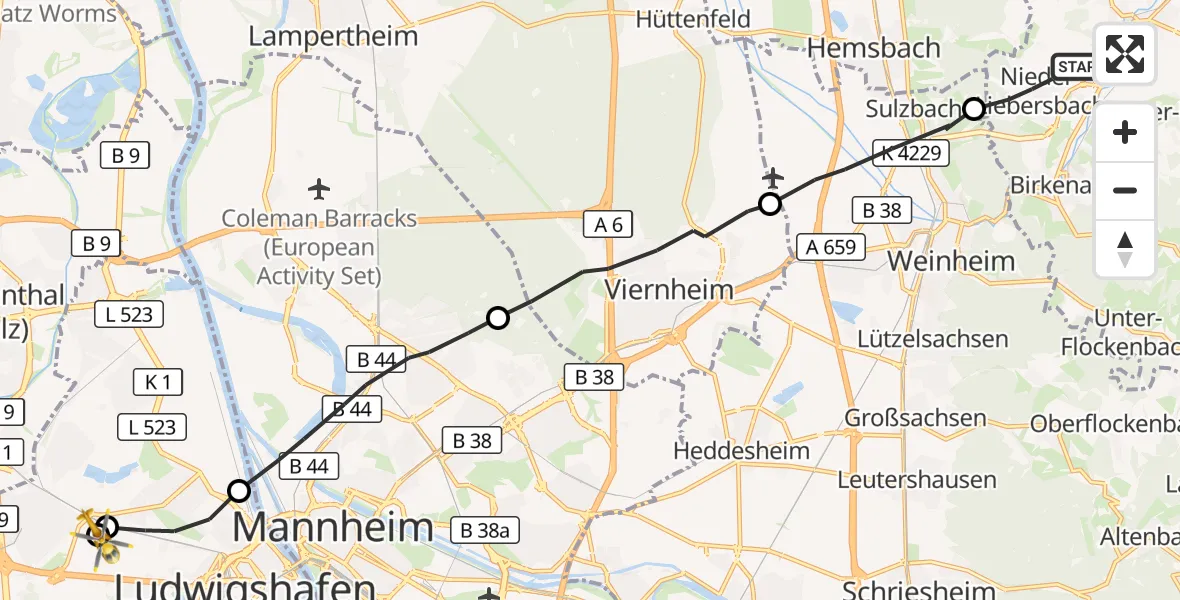 Flugroute Rettungshubschrauber Birkenau - Ludwigshafen Accident Hospital, 10 Oktober 2026, 15:35