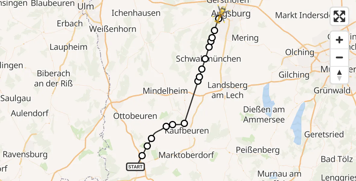 Flugroute Rettungshubschrauber Kempten (Allgäu) - Stadtbergen, 10 Oktober 2026, 15:35