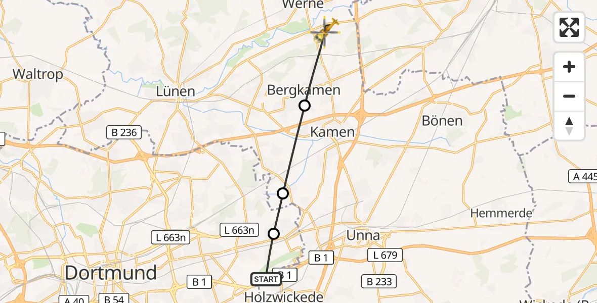 Flugroute Rettungshubschrauber Dortmund Flughafen - Bergkamen, 10 Oktober 2026, 16:02