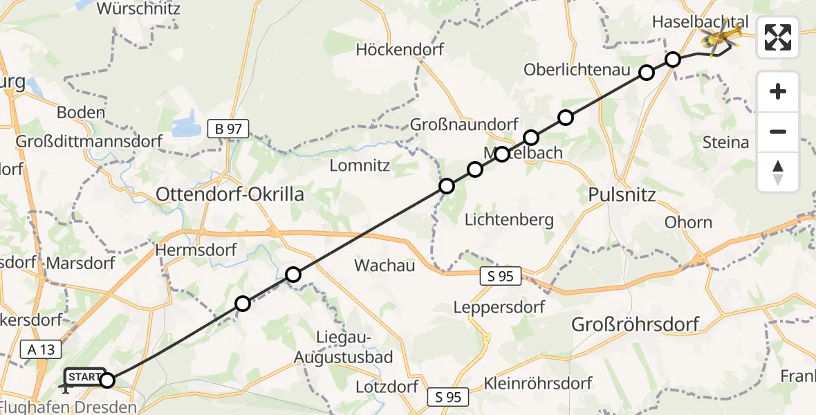 Flugroute Rettungshubschrauber Dresden Bundespolizei Hubschrauberlandeplatz - Haselbachtal, 10 Oktober 2026, 16:03