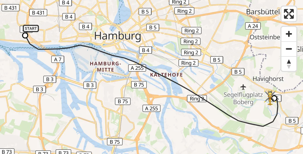 Flugroute Rettungshubschrauber Asklepios Hospital Altona - Christoph Hansa ADAC Hubschrauberlandeplatz, 10 Oktober 2026, 16:06