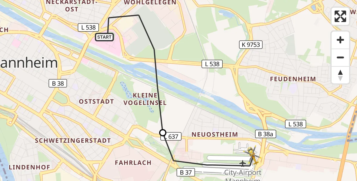 Flugroute Rettungshubschrauber Mannheim - Mannheim-City Flughafen, 10 Oktober 2026, 16:08