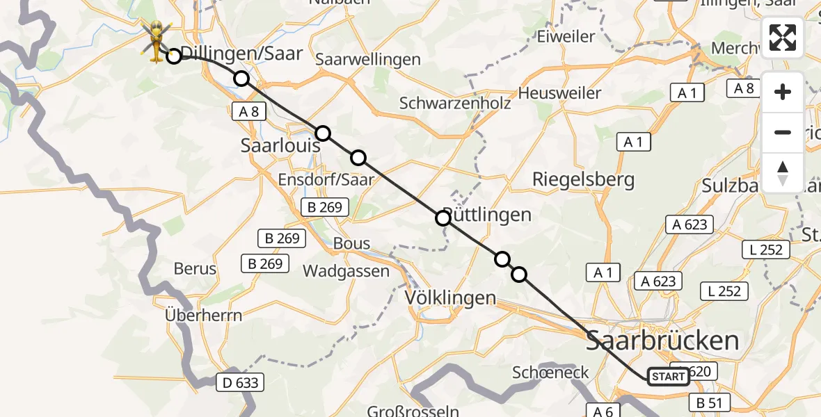 Flugroute Rettungshubschrauber Saarbrücken - Rehlingen-Siersburg, 10 Oktober 2026, 16:08