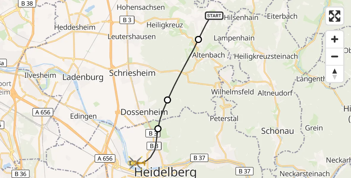 Flugroute Ambulanzhubschrauber Weinheim - Heidelberg, 10 Oktober 2026, 16:10