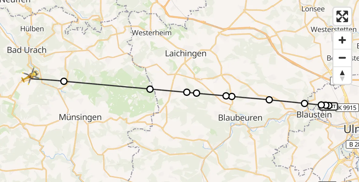 Flugroute Rettungshubschrauber Ulm Military Hospital Emergency - Bad Urach, 10 Oktober 2026, 16:18
