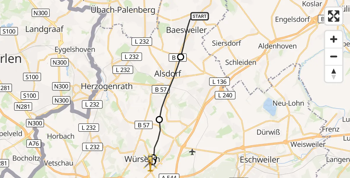 Flugroute Rettungshubschrauber Baesweiler - Rhein-Maas Hospital, 10 Oktober 2026, 16:19