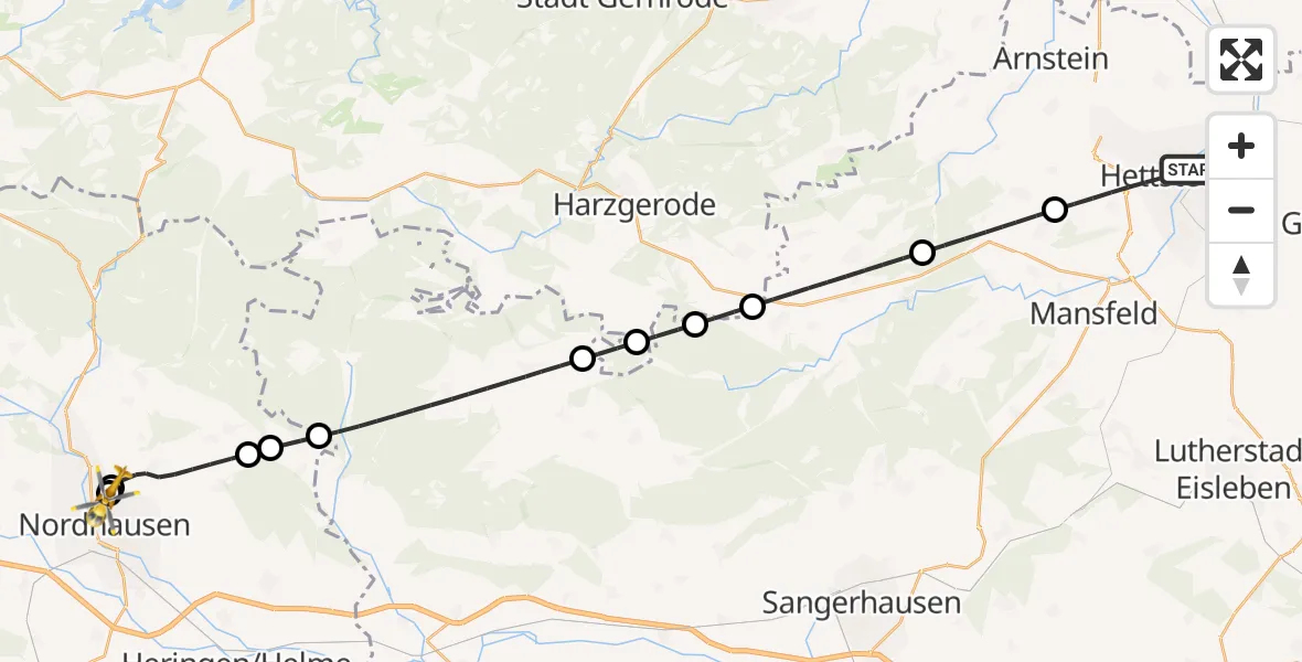 Flugroute Rettungshubschrauber Hettstedt - Südharz Hospital Nordhausen, 10 Oktober 2026, 16:26