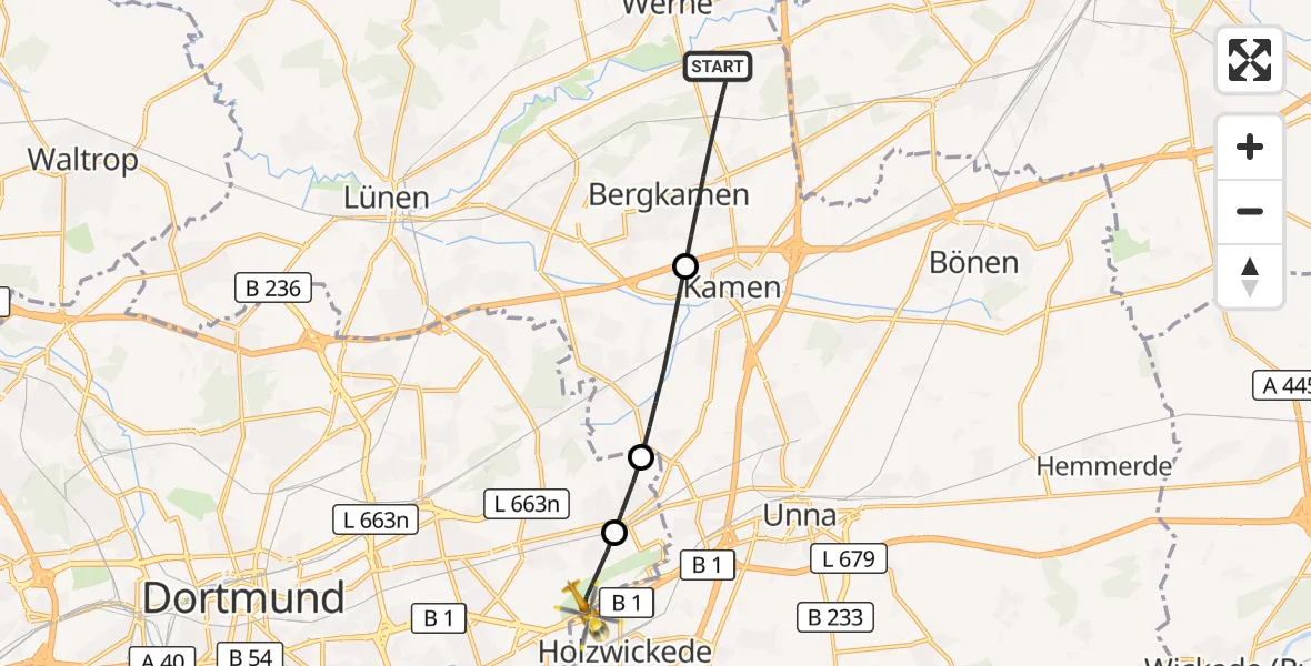 Flugroute Rettungshubschrauber Bergkamen - Dortmund Flughafen, 10 Oktober 2026, 16:28
