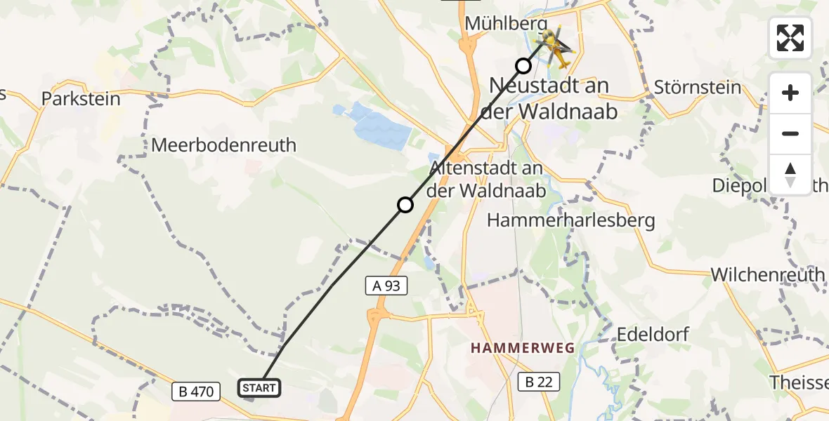 Flugroute Ambulanzhubschrauber Weiden i.d.OPf. - Neustadt a.d.Waldnaab, 10 Oktober 2026, 16:28