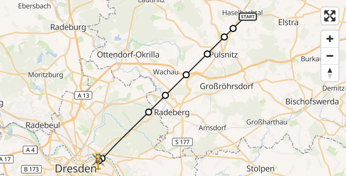 Flugroute Rettungshubschrauber Haselbachtal - Dresden University Hospital, 10 Oktober 2026, 16:37
