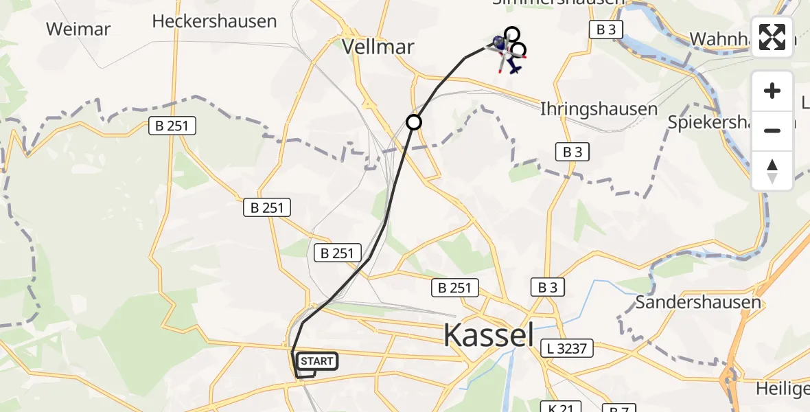 Flugroute Polizeihubschrauber Kassel - Fuldatal Bundespolizei Hubschrauberlandeplatz, 10 Oktober 2026, 16:39