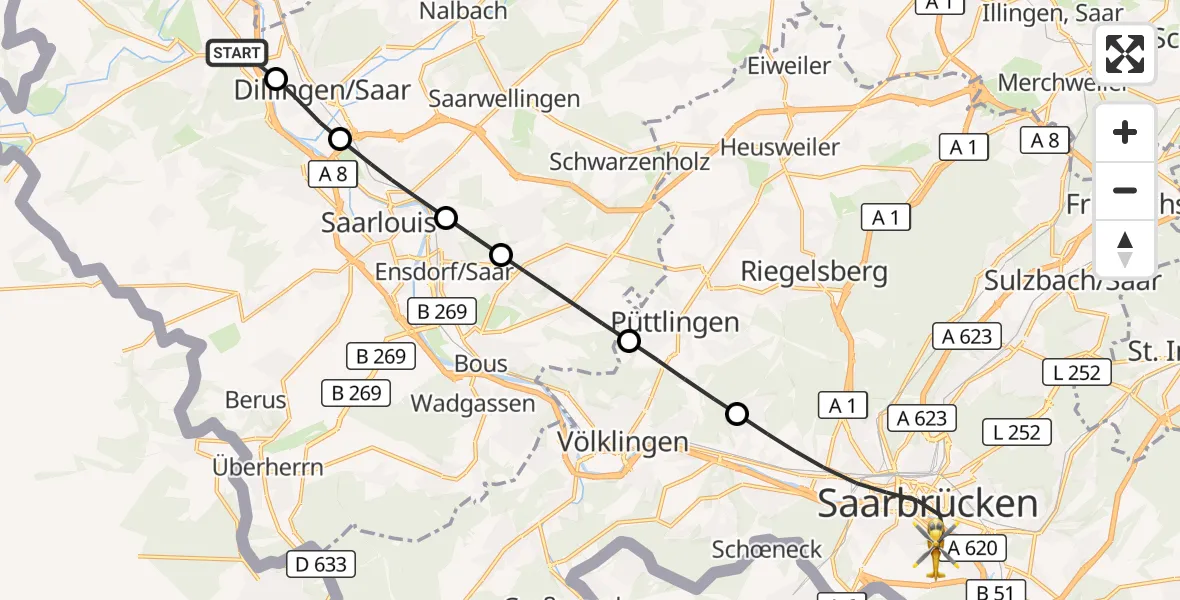 Flugroute Rettungshubschrauber Rehlingen-Siersburg - Saarbrücken, 10 Oktober 2026, 16:42