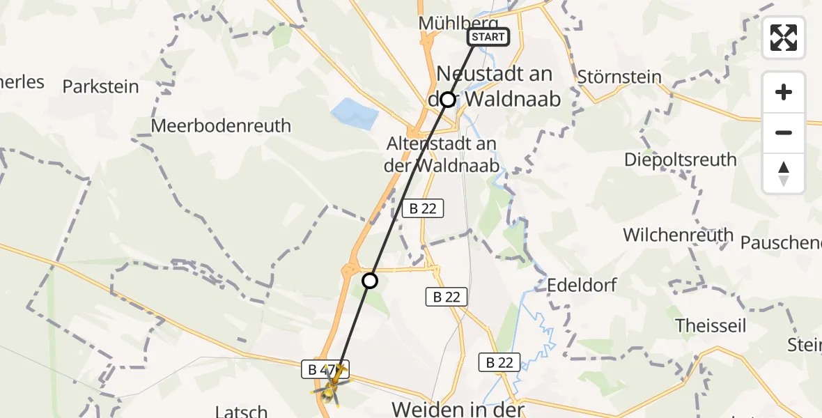 Flugroute Ambulanzhubschrauber Neustadt a.d.Waldnaab - Weiden i.d.OPf., 10 Oktober 2026, 16:47