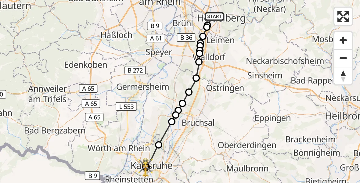 Flugroute Ambulanzhubschrauber Heidelberg - Sankt Vincentius Hospital, 10 Oktober 2026, 16:55