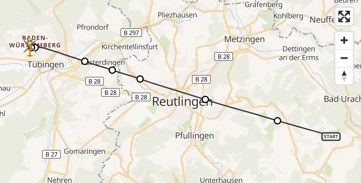 Flugroute Rettungshubschrauber St. Johann - Tübingen Trauma Hospital, 10 Oktober 2026, 17:10