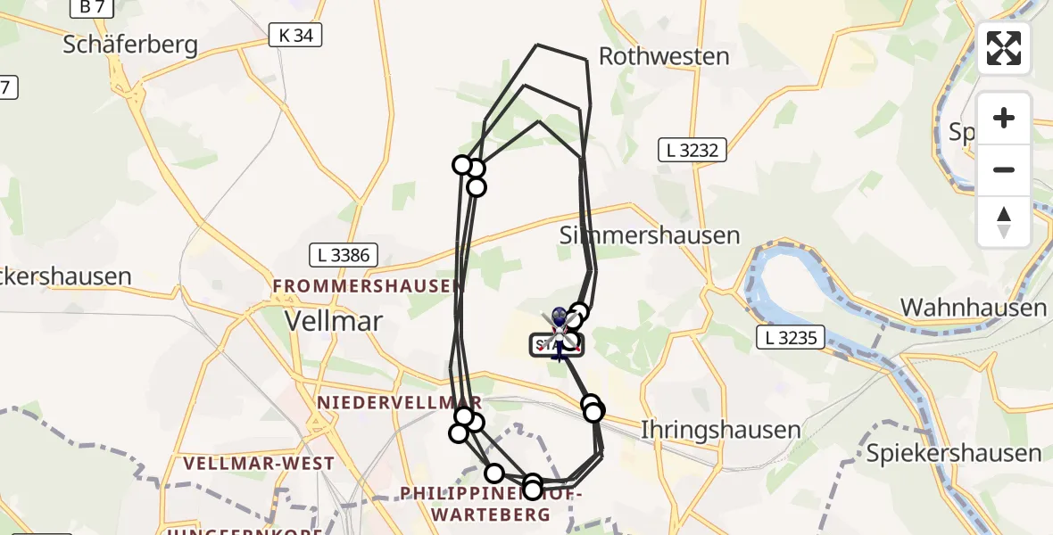 Flugroute Polizeihubschrauber Fuldatal Bundespolizei Hubschrauberlandeplatz - Fuldatal Bundespolizei Hubschrauberlandeplatz, 10 Oktober 2026, 17:20
