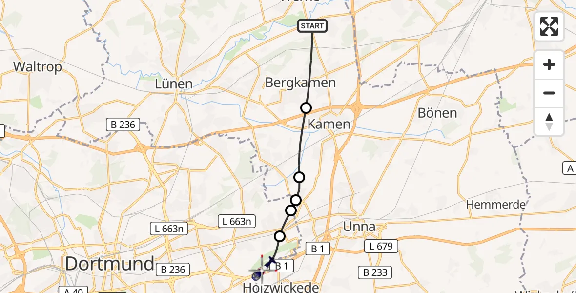 Flugroute Polizeihubschrauber Bergkamen - Dortmund Flughafen, 10 Oktober 2026, 17:30