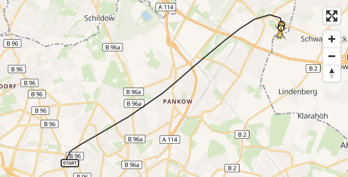 Flugroute Rettungshubschrauber Berlin - Helios Clinic Berlin-Buch, 10 Oktober 2026, 17:38