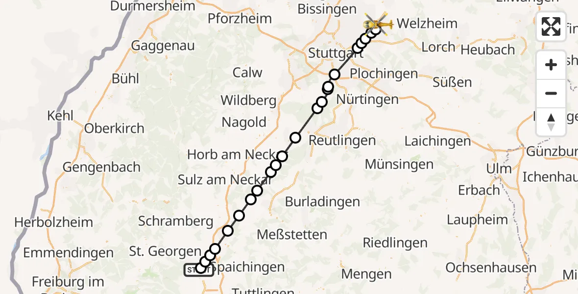 Flugroute Ambulanzhubschrauber DRF Air Rescue Station Villingen-Schwenningen Hubschrauberlandeplatz (Christoph 11) - Winnenden, 10 Oktober 2026, 17:44
