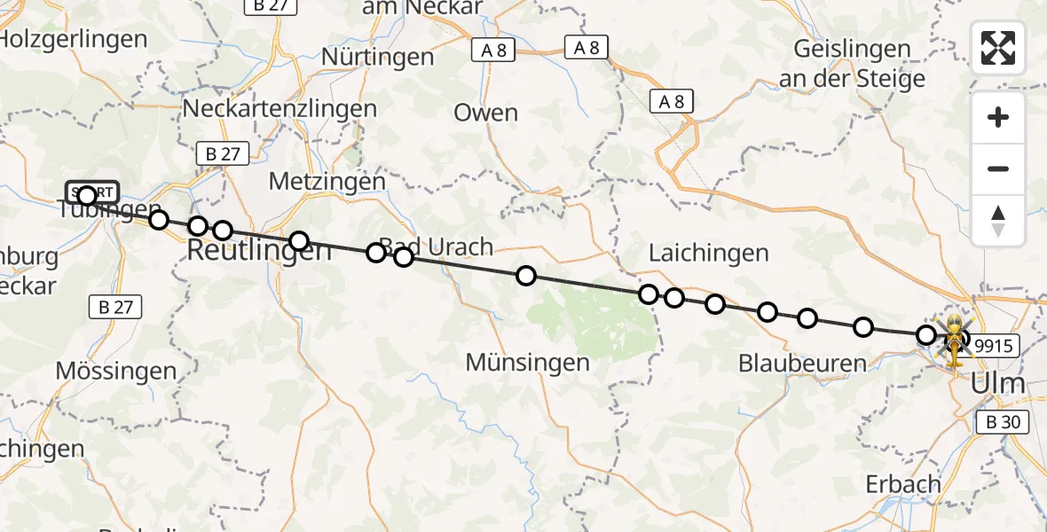 Flugroute Rettungshubschrauber Tübingen Trauma Hospital - ADAC Air Rescue Station Ulm (Christoph 22), 10 Oktober 2026, 17:50