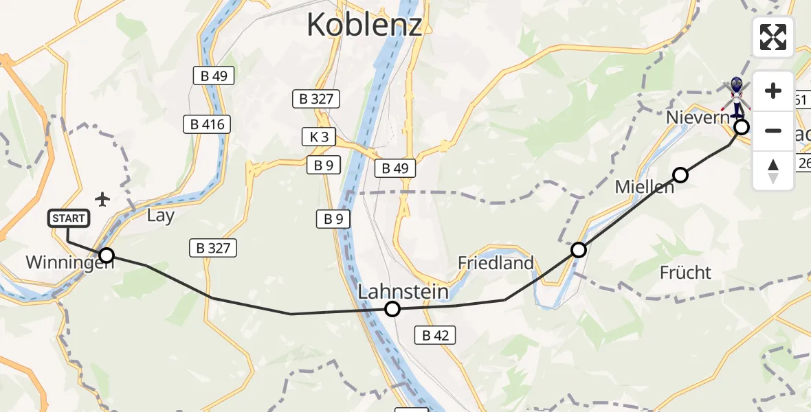 Flugroute Polizeihubschrauber Winningen - Fachbach, 10 Oktober 2026, 18:47