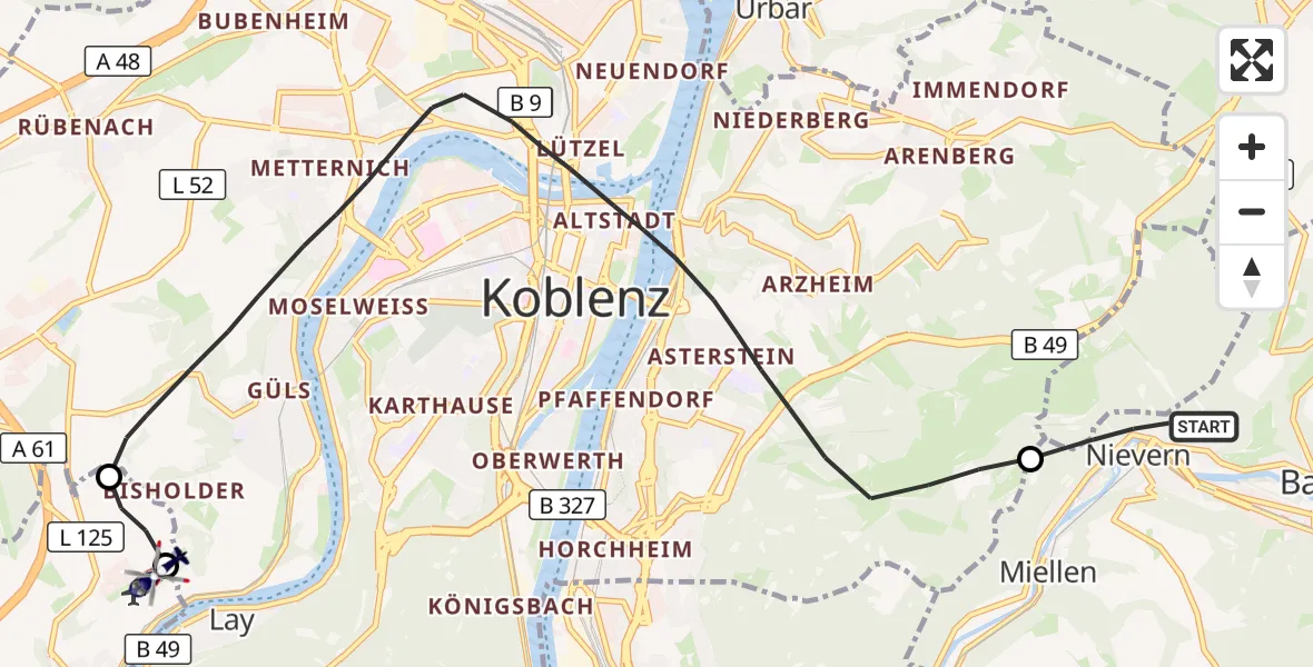 Flugroute Polizeihubschrauber Fachbach - Koblenz-Winningen Flugplatz, 10 Oktober 2026, 18:57