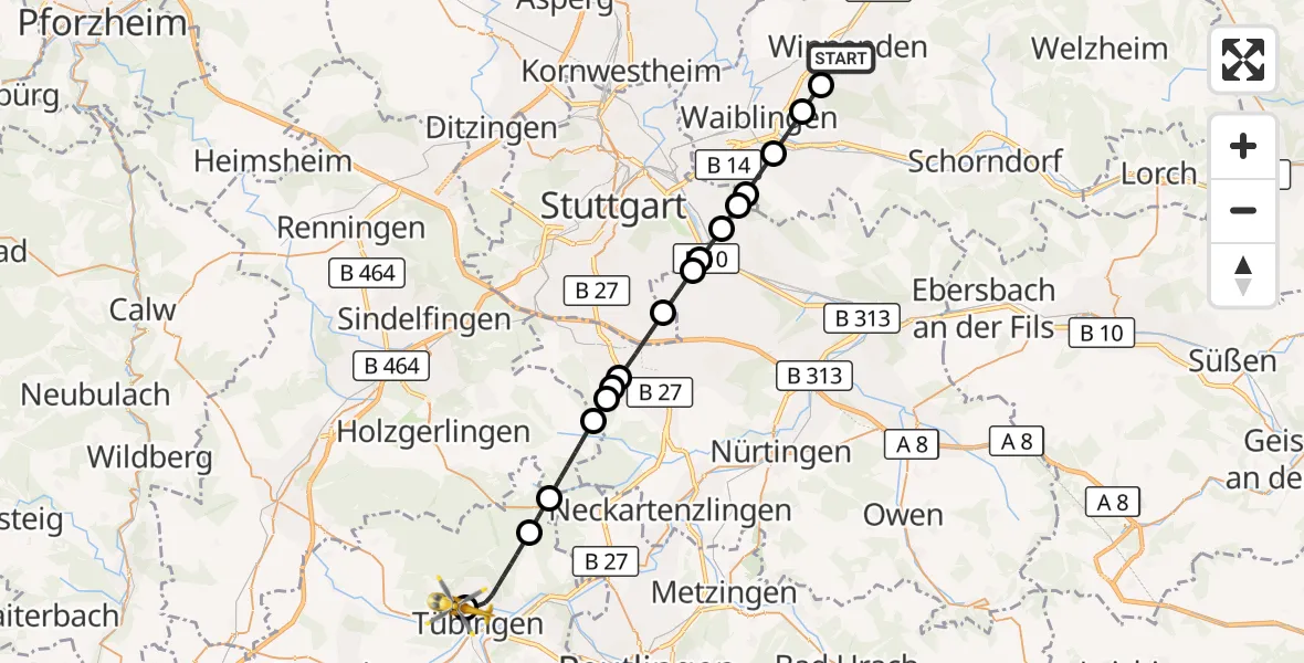 Flugroute Ambulanzhubschrauber Winnenden - Tübingen University Hospital, 10 Oktober 2026, 19:28