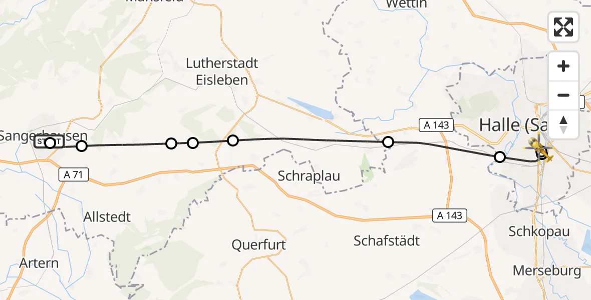 Flugroute Rettungshubschrauber Helios Clinic Mansfeld-Südharz - BG Hospital Bergmannstrost Halle, 10 Oktober 2026, 19:57