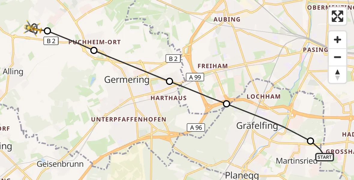 Flugroute Rettungshubschrauber DRF Air Rescue München Hubschrauberlandeplatz - Eichenau, 10 Oktober 2026, 21:52