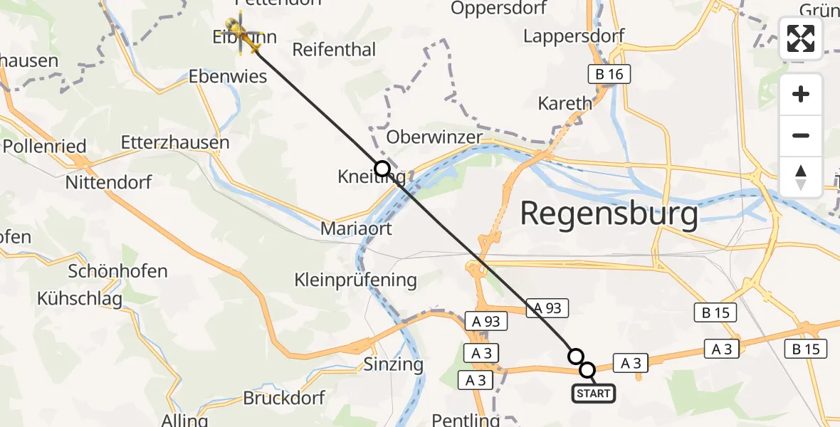 Flugroute Rettungshubschrauber DRF Air Rescue Station Regensburg / Regensburg University Hospital - Pettendorf, 10 Oktober 2026, 22:09