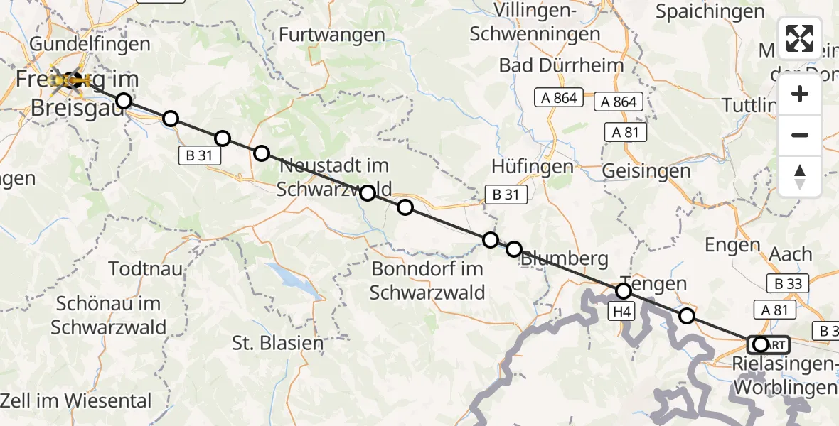 Flugroute Ambulanzhubschrauber Singen (Hohentwiel) - Freiburg University Hospital Heliport 1, 10 Oktober 2026, 22:14