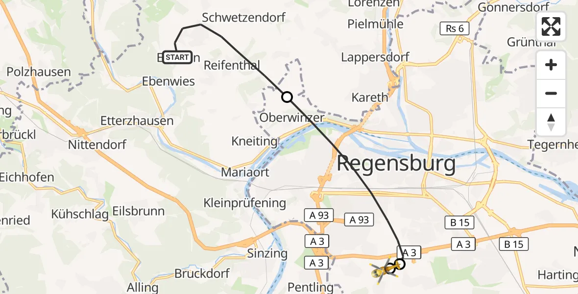 Flugroute Rettungshubschrauber Pettendorf - DRF Air Rescue Station Regensburg / Regensburg University Hospital, 10 Oktober 2026, 22:30
