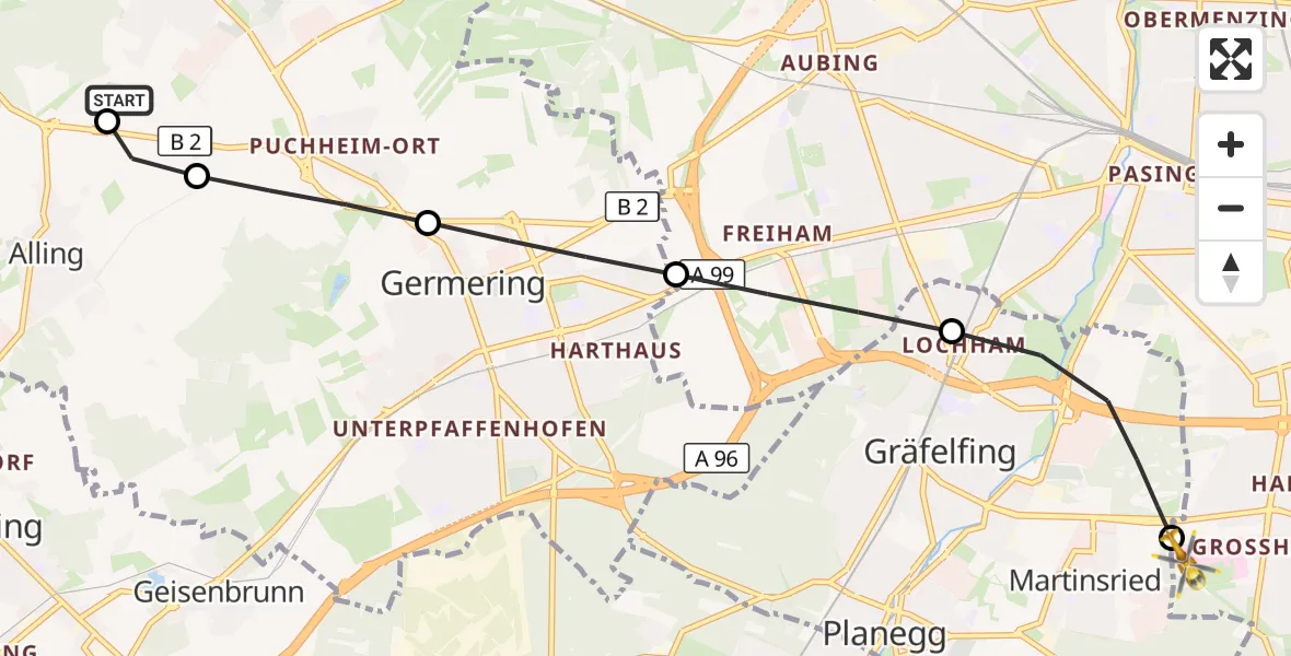 Flugroute Rettungshubschrauber Eichenau - DRF Air Rescue München Hubschrauberlandeplatz, 10 Oktober 2026, 22:53