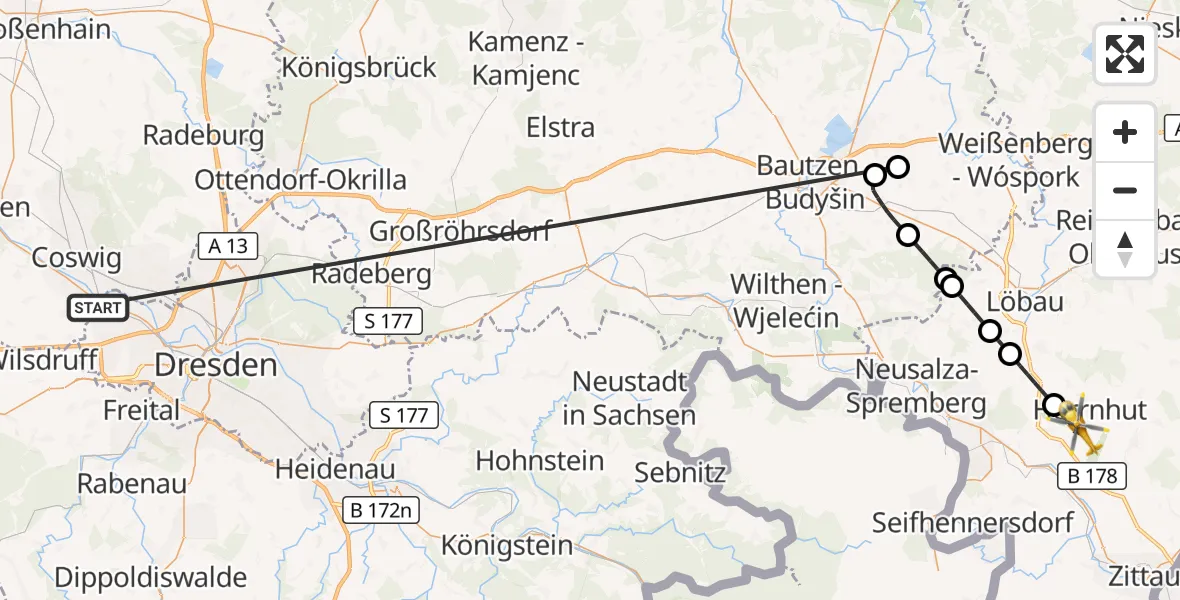 Flugroute Rettungshubschrauber Dresden - Herrnhut, 10 Oktober 2026, 23:49