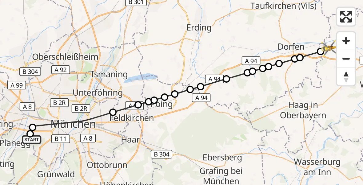 Flugroute Rettungshubschrauber DRF Air Rescue München Hubschrauberlandeplatz - Schwindegg, 11 Oktober 2026, 00:02