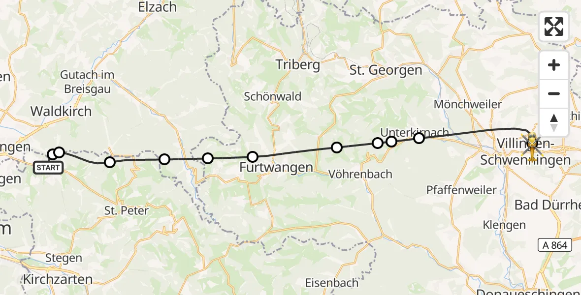 Flugroute Ambulanzhubschrauber Glottertal - DRF Air Rescue Station Villingen-Schwenningen Hubschrauberlandeplatz (Christoph 11), 11 Oktober 2026, 00:18