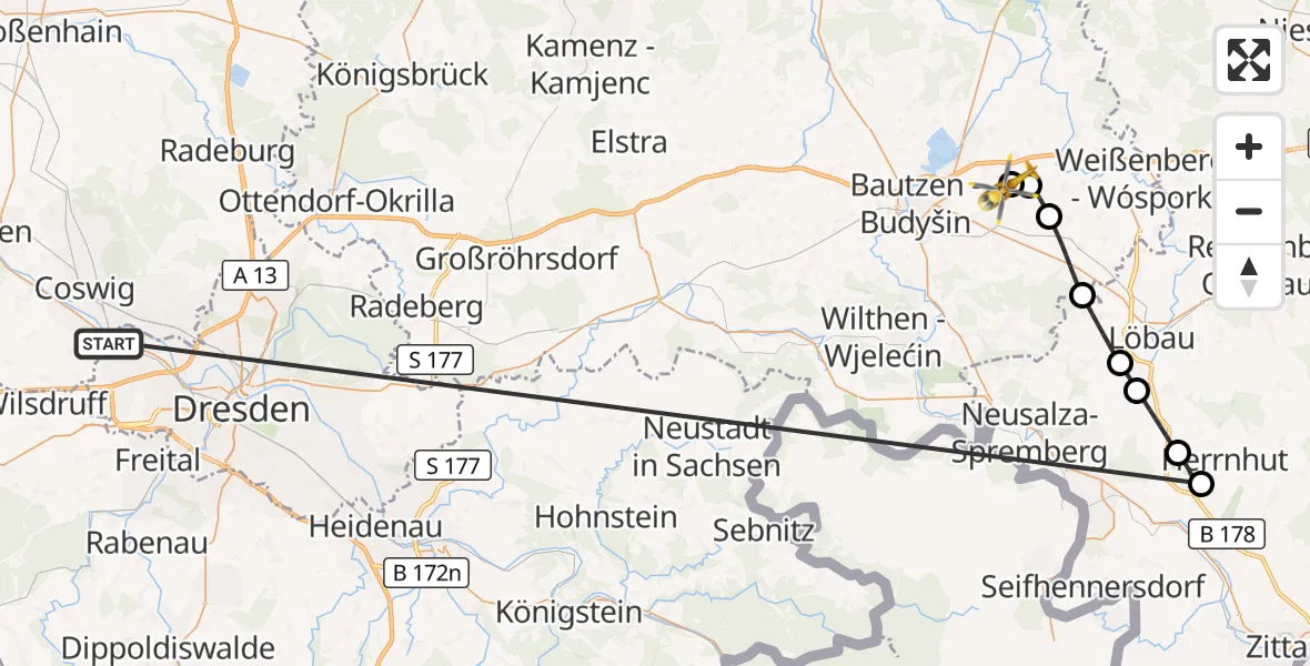 Flugroute Rettungshubschrauber Dresden - Bautzen Flugplatz, 11 Oktober 2026, 00:30