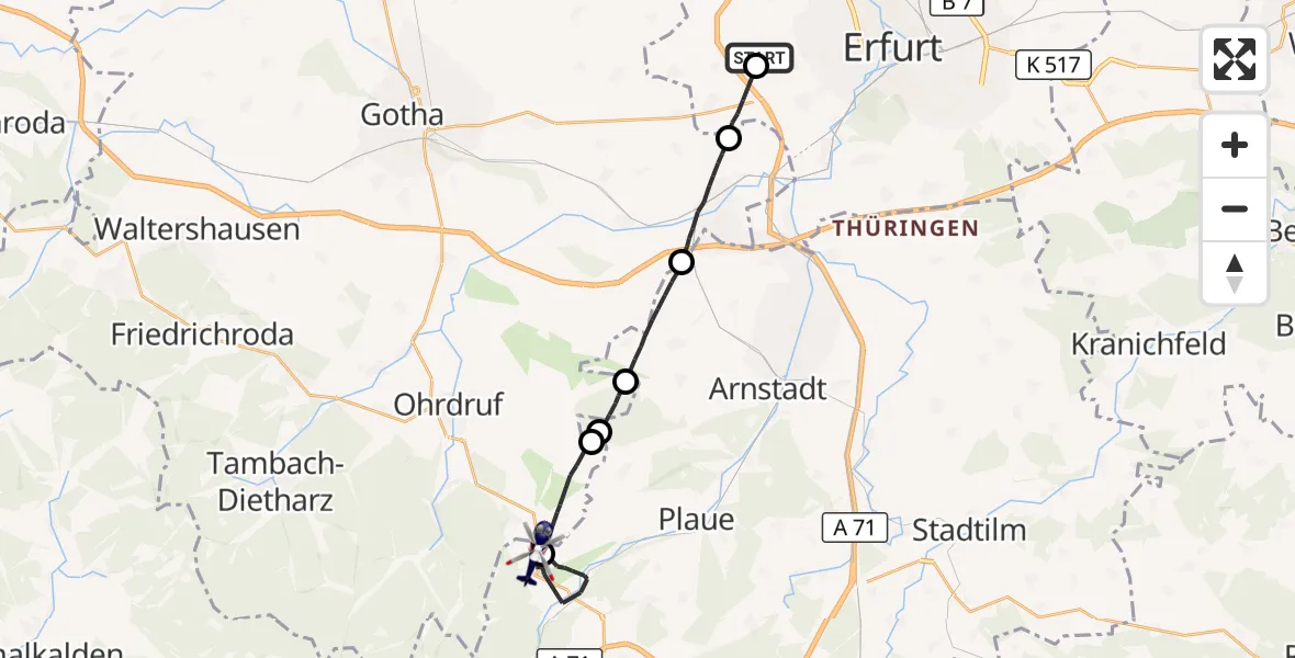 Flugroute Polizeihubschrauber Erfurt-Weimar Flughafen - Geratal, 11 Oktober 2026, 01:03