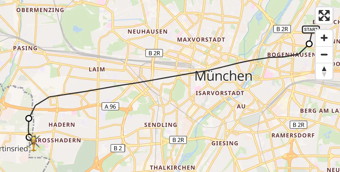 Flugroute Rettungshubschrauber München Bogenhausen Hospital - DRF Air Rescue München Hubschrauberlandeplatz, 11 Oktober 2026, 01:54