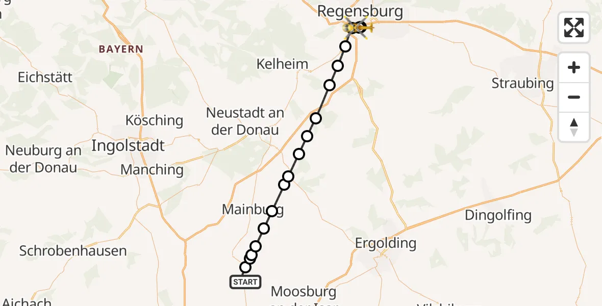 Flugroute Rettungshubschrauber Attenkirchen - DRF Air Rescue Station Regensburg / Regensburg University Hospital, 11 Oktober 2026, 02:03
