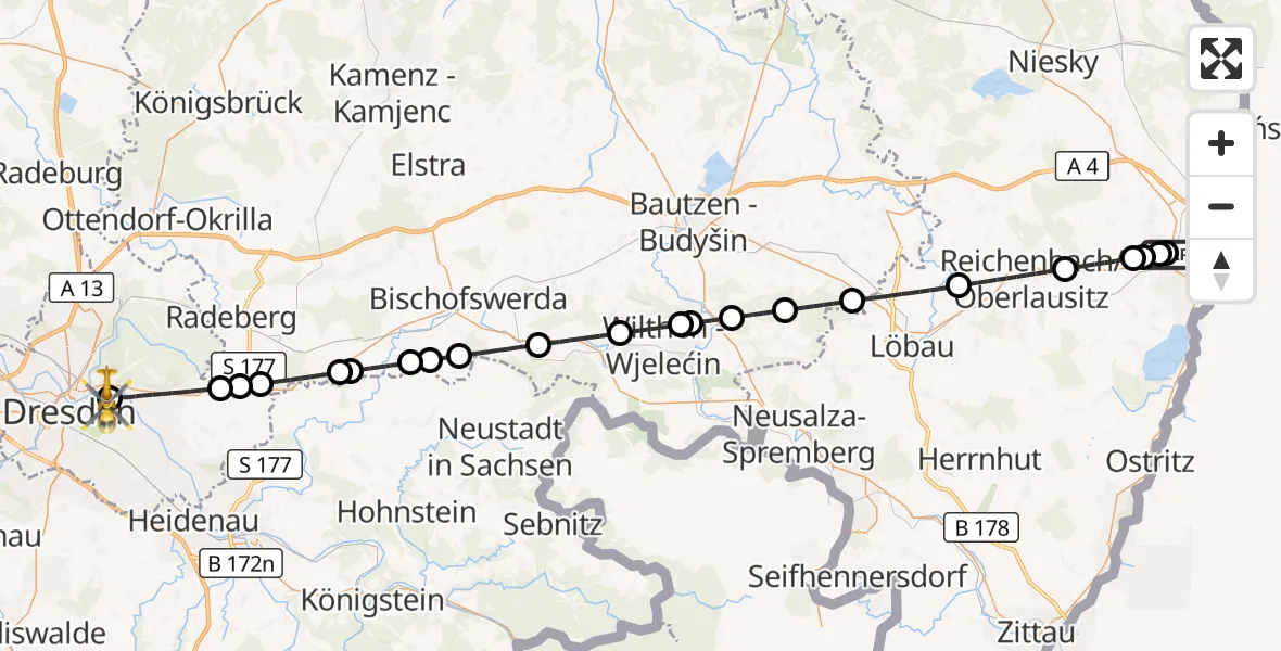 Flugroute Ambulanzhubschrauber Görlitz - Dresden University Hospital, 11 Oktober 2026, 03:19