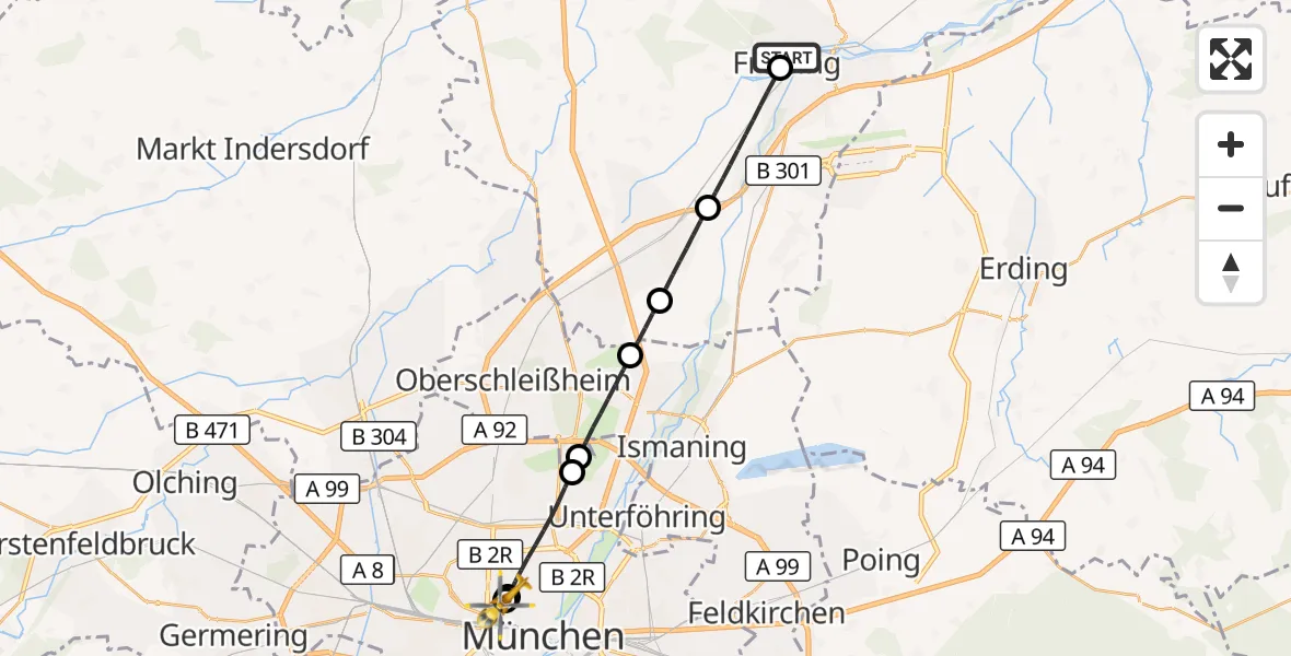 Flugroute Rettungshubschrauber Freising Clinic Hubschrauberlandeplatz - Deutsches Herzzentrum München, 11 Oktober 2026, 03:30