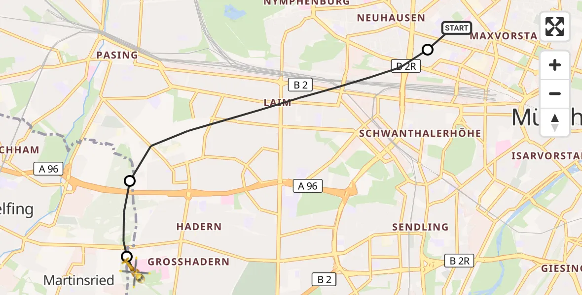 Flugroute Rettungshubschrauber Deutsches Herzzentrum München - DRF Air Rescue München Hubschrauberlandeplatz, 11 Oktober 2026, 04:12