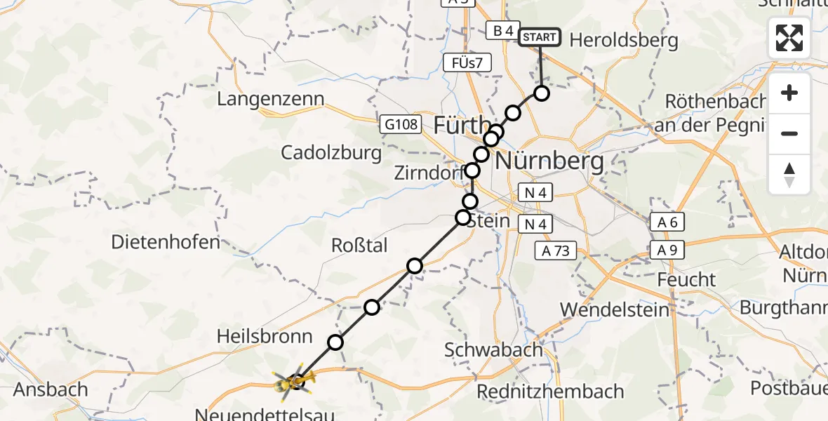 Flugroute Rettungshubschrauber Neunhofer Forst - Neuendettelsau, 11 Oktober 2026, 04:39
