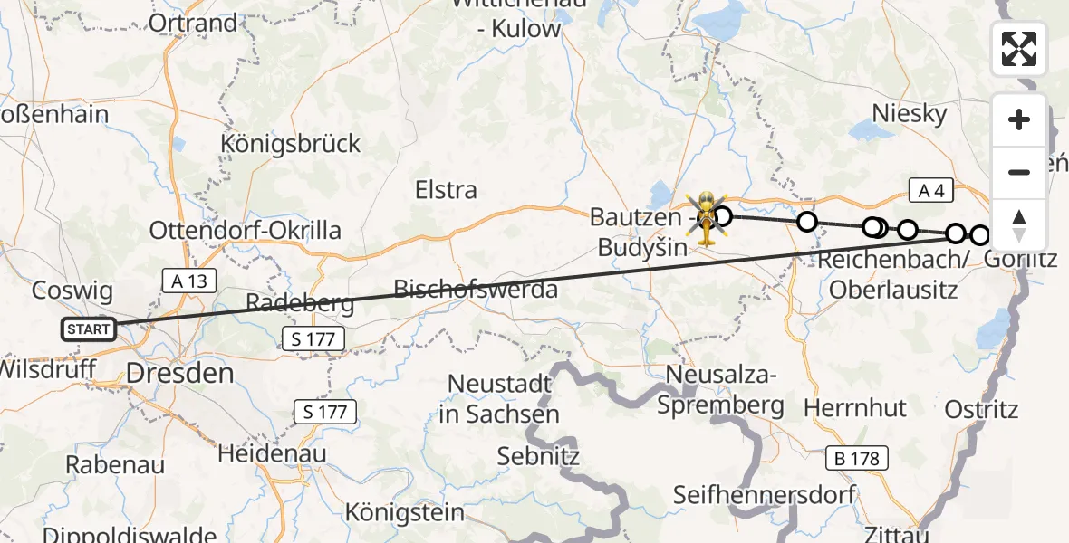 Flugroute Rettungshubschrauber Dresden - Bautzen Flugplatz, 11 Oktober 2026, 05:05
